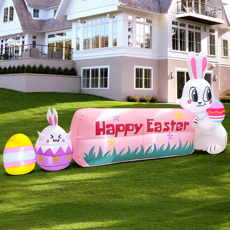 KOOY 8FT Easter Inflatables Bunny Outdoor Decoration with Happy Easter Banner, Built in LED Lights Blow Up Yard Decoration for Lawn Garden Holiday Party - Image 4