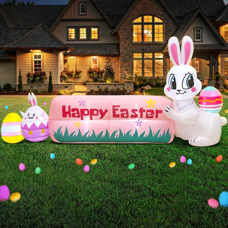 KOOY 8FT Easter Inflatables Bunny Outdoor Decoration with Happy Easter Banner, Built in LED Lights Blow Up Yard Decoration for Lawn Garden Holiday Party - Image 3