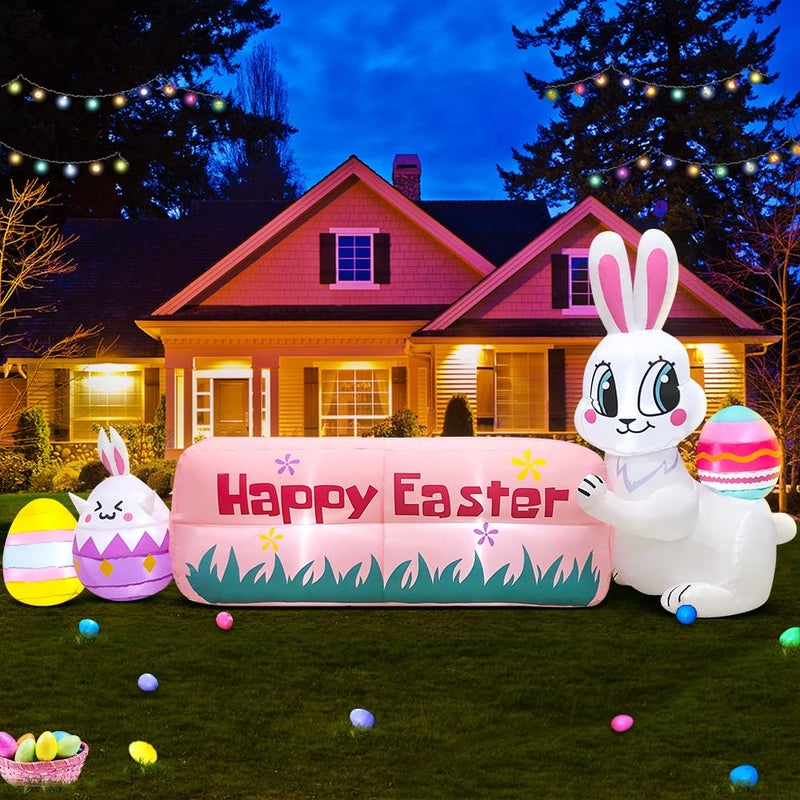 KOOY 8FT Easter Inflatables Bunny Outdoor Decoration with Happy Easter Banner, Built in LED Lights Blow Up Yard Decoration for Lawn Garden Holiday Party - Image 1