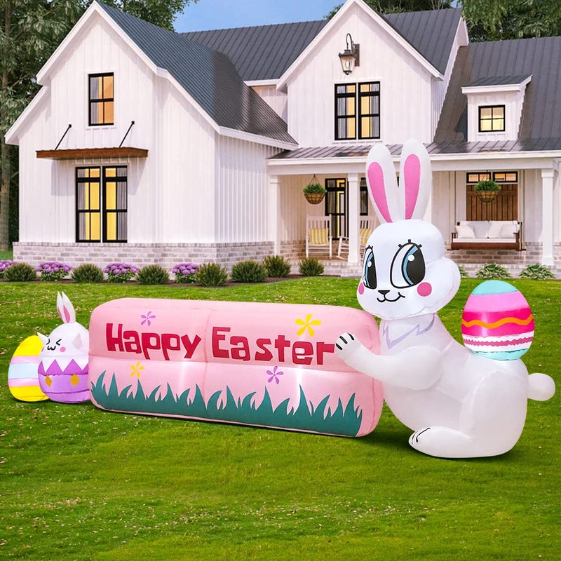 KOOY 8FT Easter Inflatables Bunny Outdoor Decoration with Happy Easter Banner, Built in LED Lights Blow Up Yard Decoration for Lawn Garden Holiday Party - Image 2