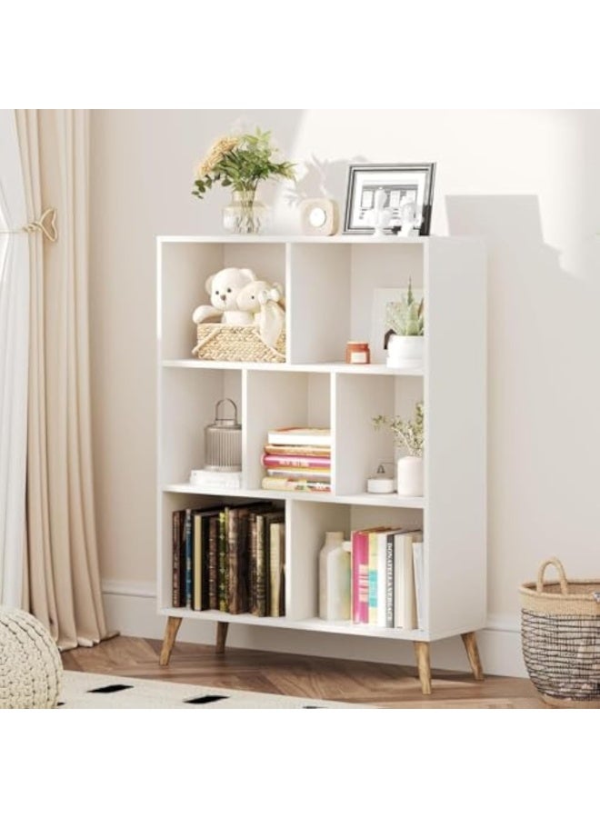 ACPLAY 7-Cube Wooden Bookshelf, 3-Tier Floor Standing Bookcase with Legs, Vintage Brown Storage Organizer & Display Cabinet for Living Room, Bedroom, and Office - Image 4