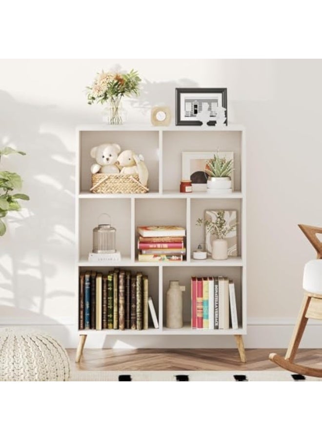 ACPLAY 7-Cube Wooden Bookshelf, 3-Tier Floor Standing Bookcase with Legs, Vintage Brown Storage Organizer & Display Cabinet for Living Room, Bedroom, and Office - Image 3