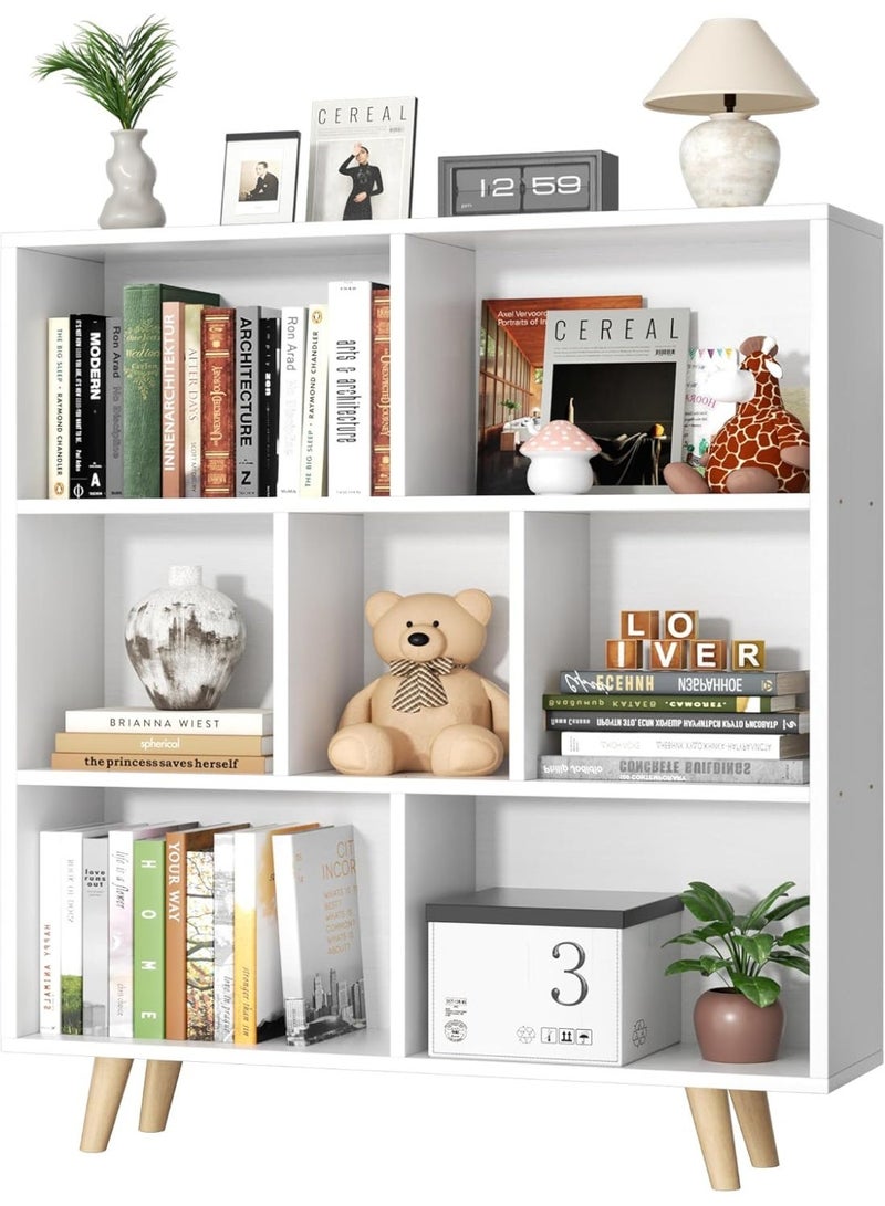 ACPLAY 7-Cube Wooden Bookshelf, 3-Tier Floor Standing Bookcase with Legs, Vintage Brown Storage Organizer & Display Cabinet for Living Room, Bedroom, and Office - Image 1