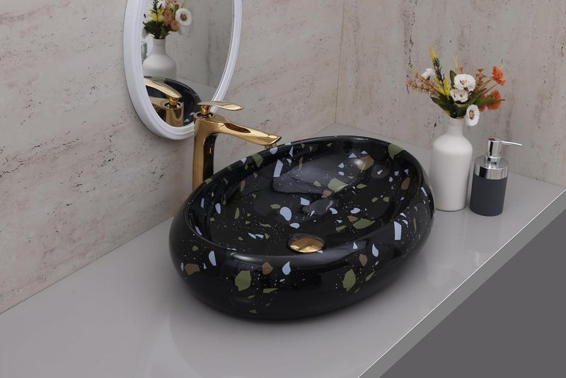 ACRAVIT CERAMIC Designer Table Top Ceramic Wash Basin Vessel Sink with Slim Rim Collapsible Countertop Basin OverCounter Bathroom Sink Black610 X 430 X 145MM - Image 1