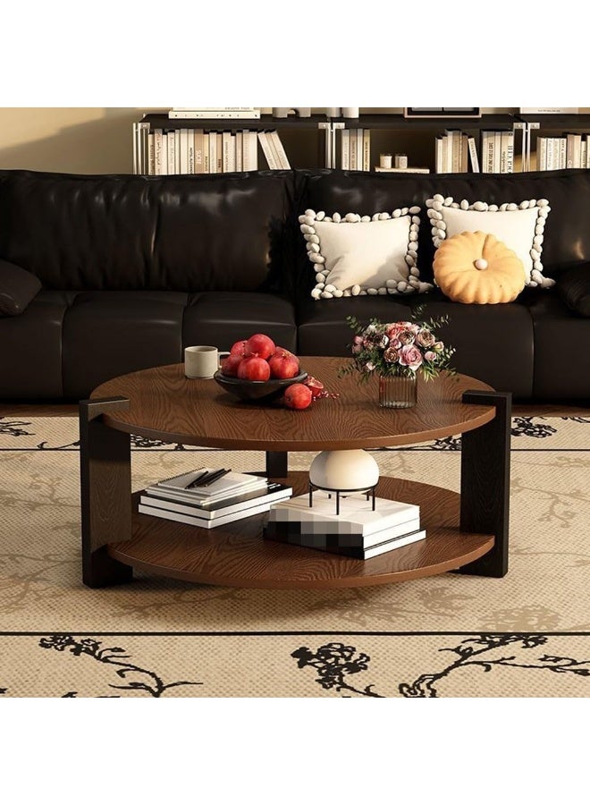 والالا طاولة قهوة دائرية من خشب البلوط، طاولات قهوة دائرية من مستويين مع مساحة تخزين، طاولة قهوة دائرية في وسط المزرعة الريفية، طاولة شاي عصرية حديثة لغرفة المعيشة أو غرفة النوم أو الشرفة أو المكتب - Image 2