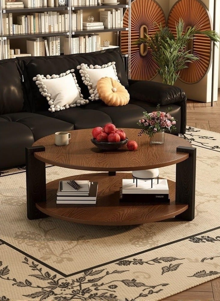 والالا طاولة قهوة دائرية من خشب البلوط، طاولات قهوة دائرية من مستويين مع مساحة تخزين، طاولة قهوة دائرية في وسط المزرعة الريفية، طاولة شاي عصرية حديثة لغرفة المعيشة أو غرفة النوم أو الشرفة أو المكتب - Image 1