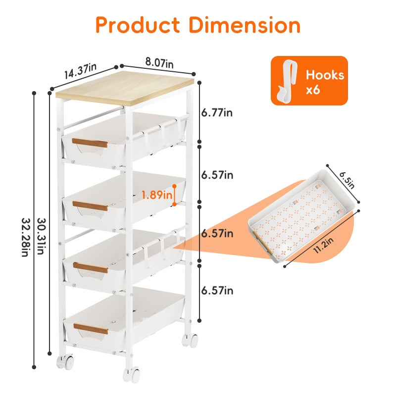Landmok 5-Tier Slim Storage Cart, Wooden Top Rolling Kitchen Cart with Pull-Out Baskets & Wheels, Narrow Space Utility Cart Slide Out Organizer for Kitchen, Bathroom, Laundry Room, White - Image 5