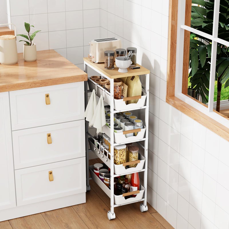 Landmok 5-Tier Slim Storage Cart, Wooden Top Rolling Kitchen Cart with Pull-Out Baskets & Wheels, Narrow Space Utility Cart Slide Out Organizer for Kitchen, Bathroom, Laundry Room, White - Image 2