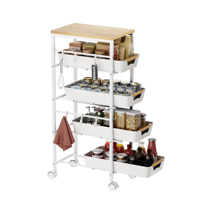 Landmok 5-Tier Slim Storage Cart, Wooden Top Rolling Kitchen Cart with Pull-Out Baskets & Wheels, Narrow Space Utility Cart Slide Out Organizer for Kitchen, Bathroom, Laundry Room, White - Image 1