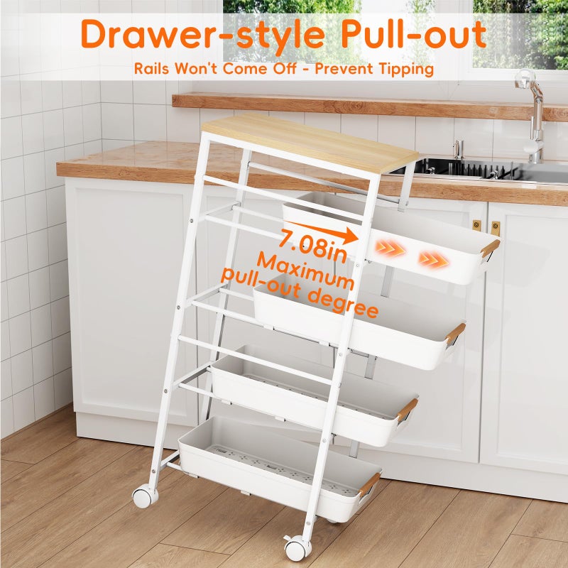Landmok 5-Tier Slim Storage Cart, Wooden Top Rolling Kitchen Cart with Pull-Out Baskets & Wheels, Narrow Space Utility Cart Slide Out Organizer for Kitchen, Bathroom, Laundry Room, White - Image 3