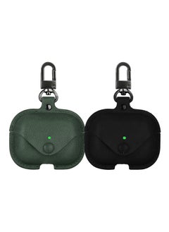YOMNA Protective Leather Case Compatible with AirPods Pro 2 Case, Wireless Charging Case Headphones EarPods, Soft Leather Cover with Carabiner Clip (Dark Green/Black) - (Set of 2)
