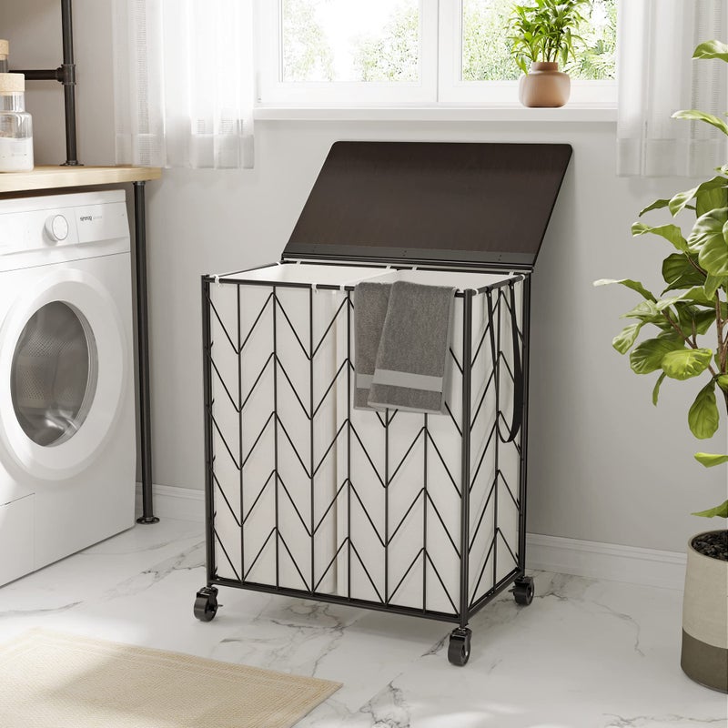 WOWLIVE Laundry Basket with Wheels, Heavy Duty Laundry Hamper with Wood Lid, Clothes Hamper with Divided Removable Liner Bag, Large Capacity Iron-Made Laundry Sorter Laundry Room Organization (Beige) - Image 4