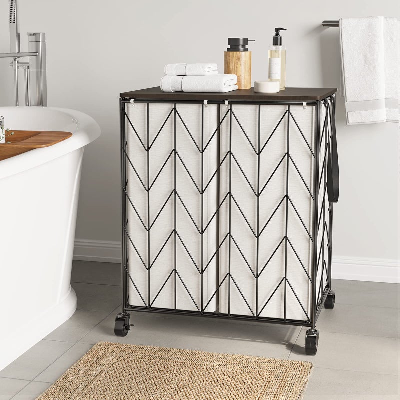 WOWLIVE Laundry Basket with Wheels, Heavy Duty Laundry Hamper with Wood Lid, Clothes Hamper with Divided Removable Liner Bag, Large Capacity Iron-Made Laundry Sorter Laundry Room Organization (Beige) - Image 2