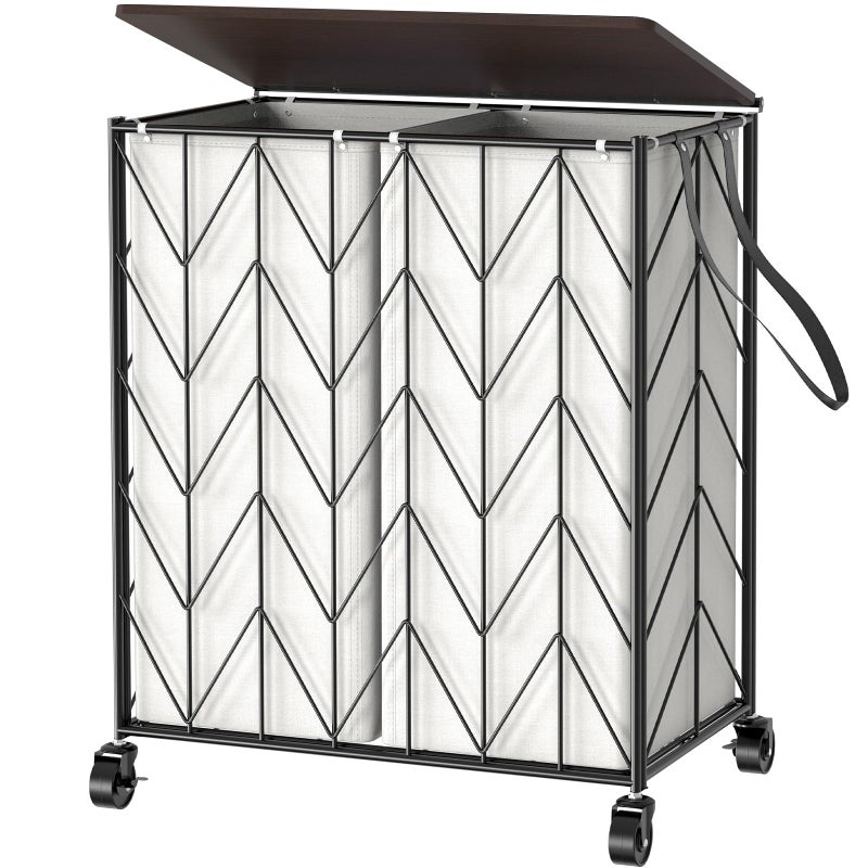 WOWLIVE Laundry Basket with Wheels, Heavy Duty Laundry Hamper with Wood Lid, Clothes Hamper with Divided Removable Liner Bag, Large Capacity Iron-Made Laundry Sorter Laundry Room Organization (Beige) - Image 1