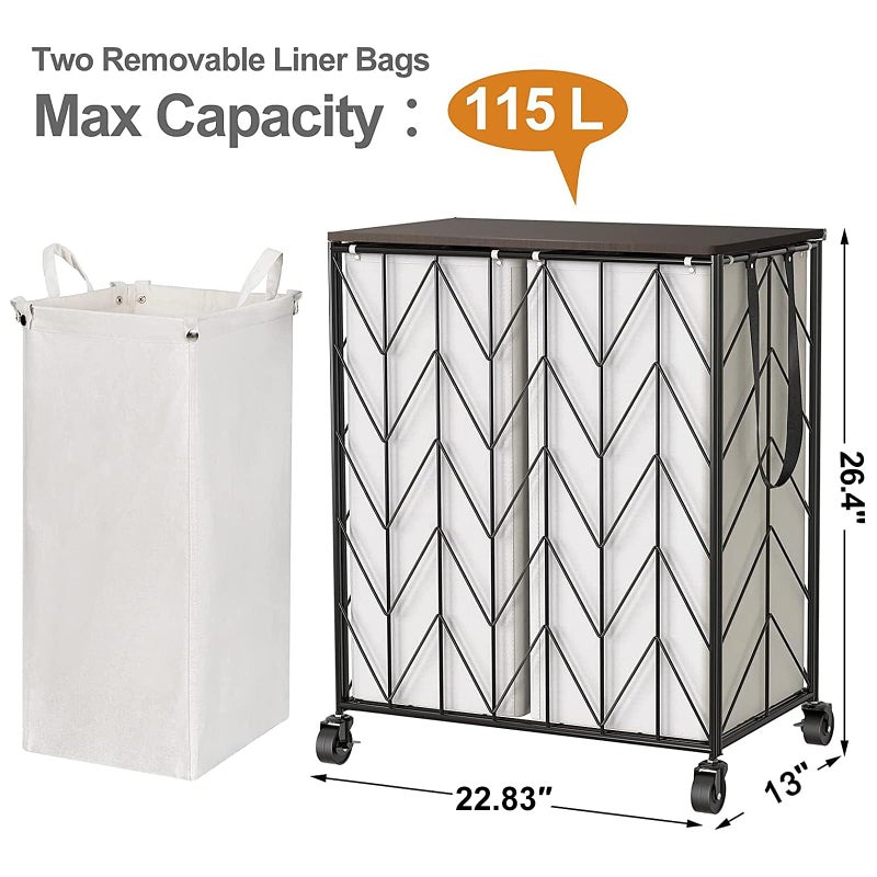WOWLIVE Laundry Basket with Wheels, Heavy Duty Laundry Hamper with Wood Lid, Clothes Hamper with Divided Removable Liner Bag, Large Capacity Iron-Made Laundry Sorter Laundry Room Organization (Beige) - Image 3