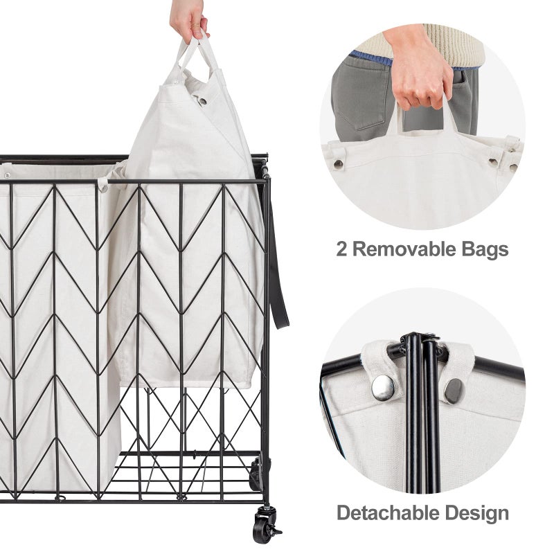 WOWLIVE Laundry Basket with Wheels, Heavy Duty Laundry Hamper with Wood Lid, Clothes Hamper with Divided Removable Liner Bag, Large Capacity Iron-Made Laundry Sorter Laundry Room Organization (Beige) - Image 5