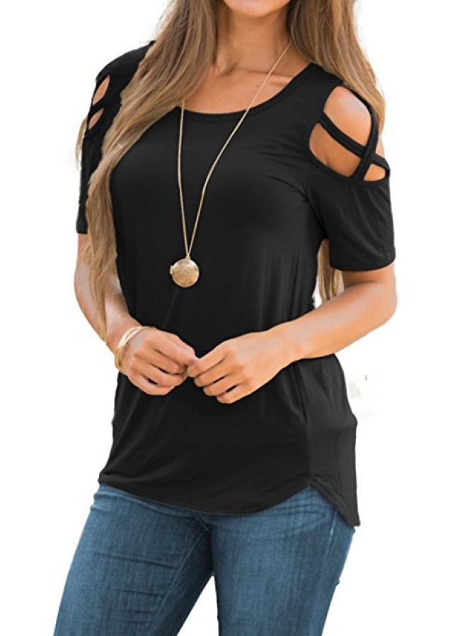 Song Feng Ya Spring And Summer Europe And The United States New Cross With Off-shoulder Short Sleeve Round Neck Slim Women's T-shirt 
