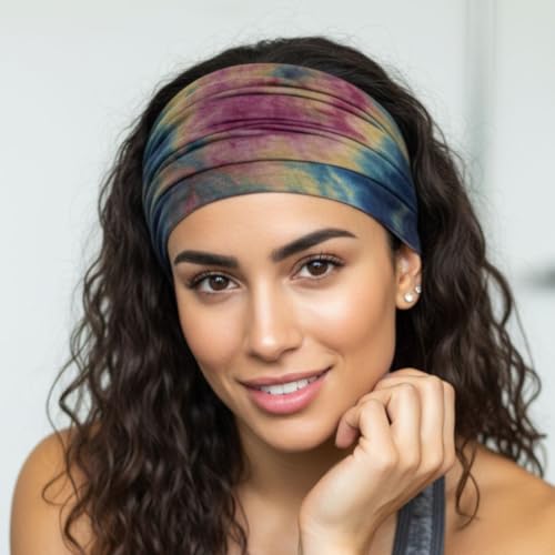 XFYT Boho Chic Tie-Dye Workout Hair Bands | Sweat-Proof Your Gym Fitness Soft Wide Head Band Running Yoga Sports Bandana for Girls Women (Mix Boho), Multi-coloured, Microfiber - Image 5