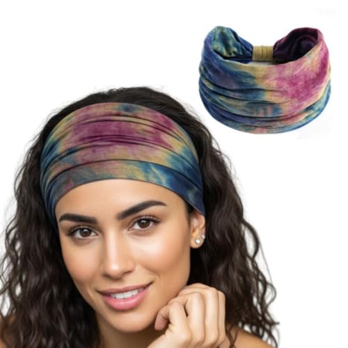 XFYT Boho Chic Tie-Dye Workout Hair Bands | Sweat-Proof Your Gym Fitness Soft Wide Head Band Running Yoga Sports Bandana for Girls Women (Mix Boho), Multi-coloured, Microfiber - Image 1