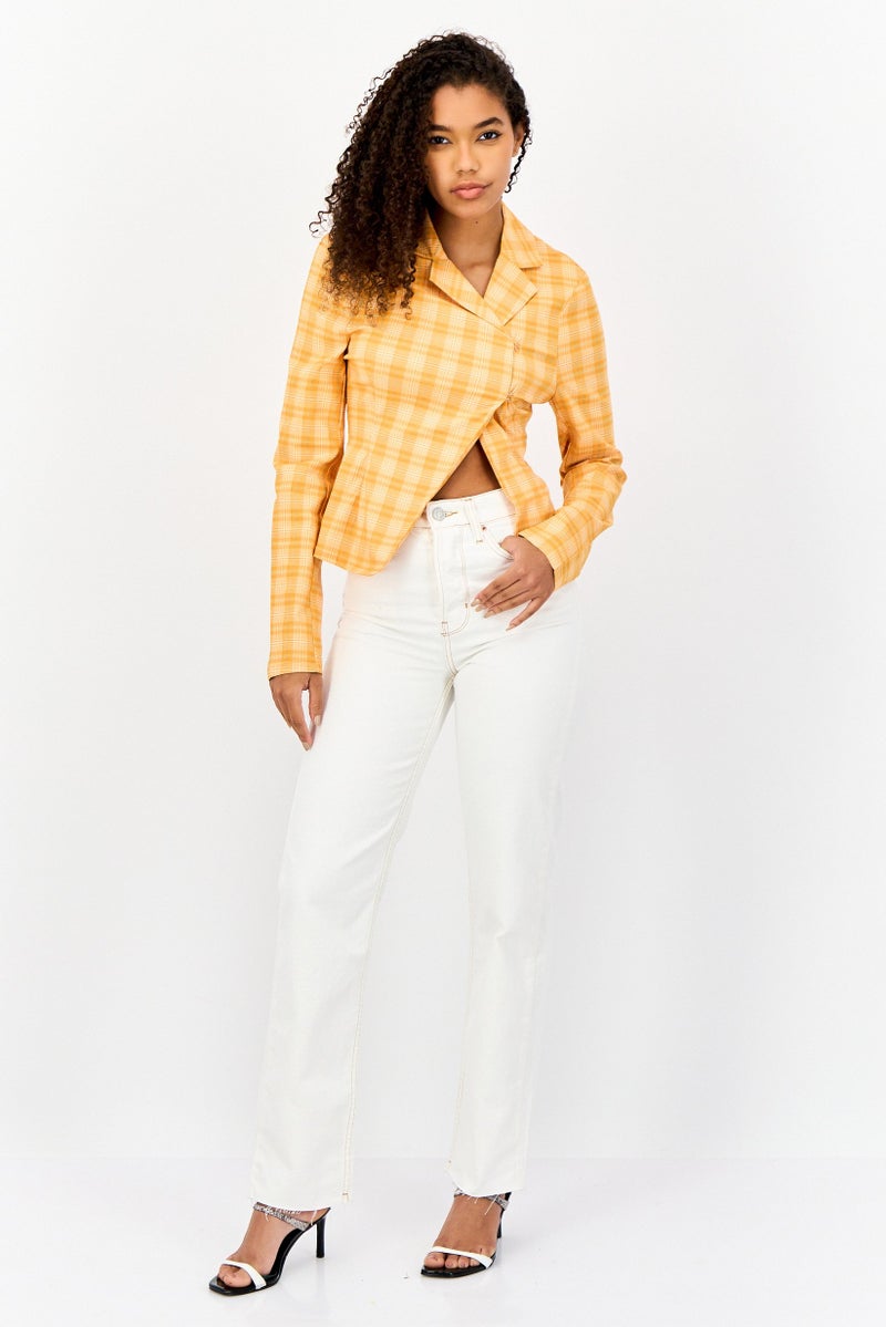 Collusion Women Regular Fit Checkered Semi-Formal Blazer, Orange - Image 4