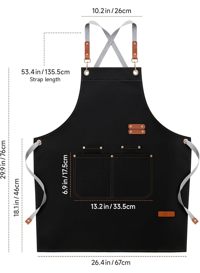 Kawkab Chef Aprons for Men Women with Large Pockets, Cotton Canvas Cross Back Adjustable Cooking Kitchen Work Waterproof Bib Apron Black - Image 2