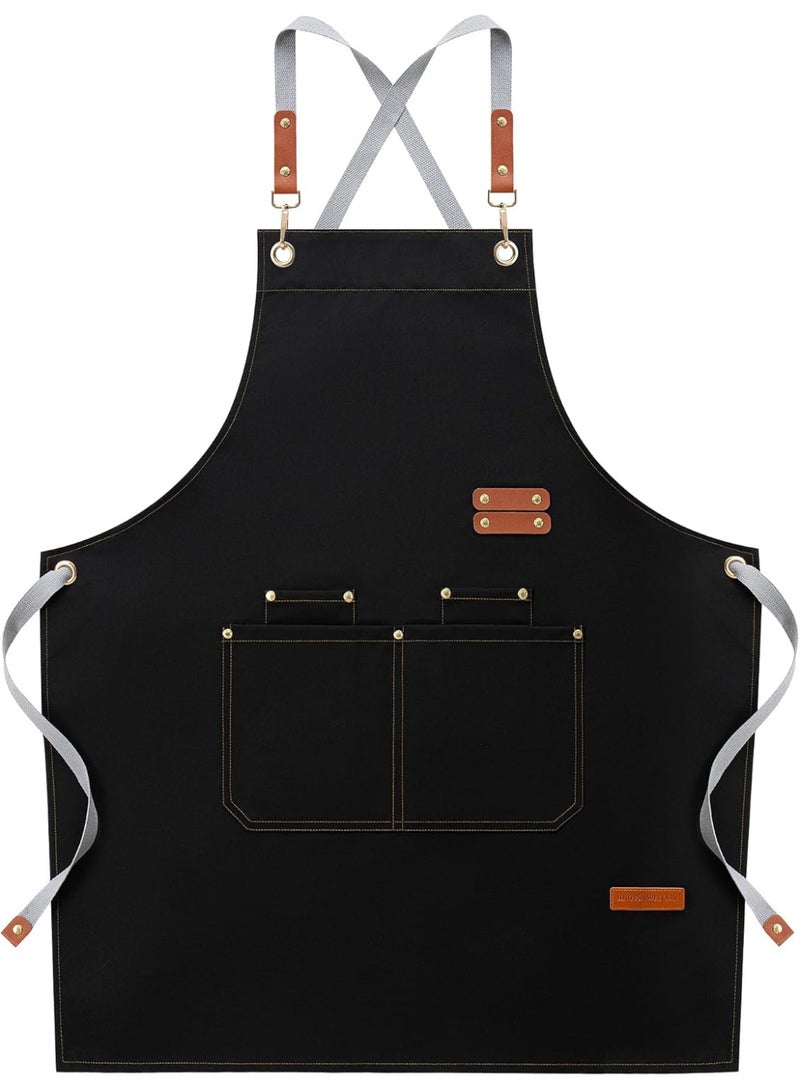 Kawkab Chef Aprons for Men Women with Large Pockets, Cotton Canvas Cross Back Adjustable Cooking Kitchen Work Waterproof Bib Apron Black - Image 1