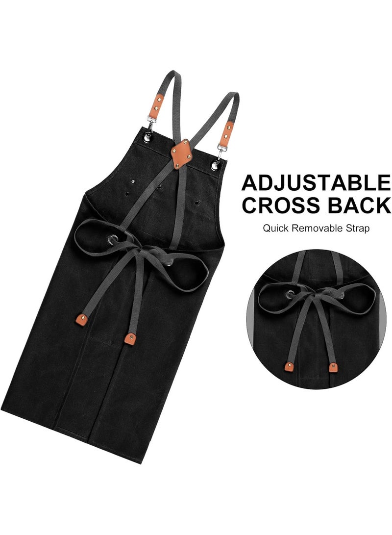 Kawkab Chef Aprons for Men Women with Large Pockets, Cotton Canvas Cross Back Adjustable Cooking Kitchen Work Waterproof Bib Apron Black - Image 3