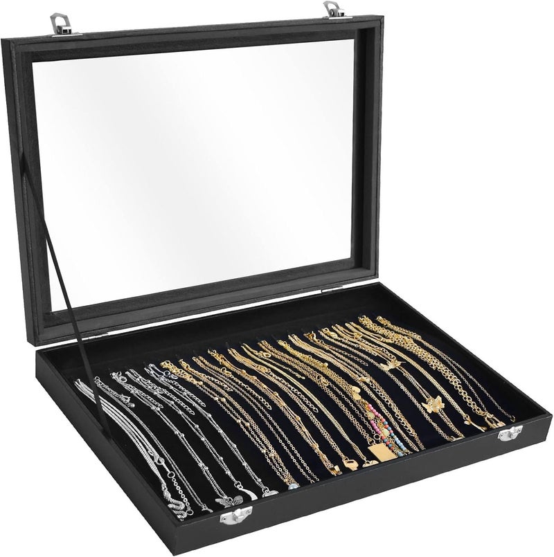 Siveit Premium Necklace Organizer Box - 20 Hooks Jewelry Tray with Transparent Lid - Display Box for Necklaces, Pendants - Suitable for Women and Girls (Black) - Image 1