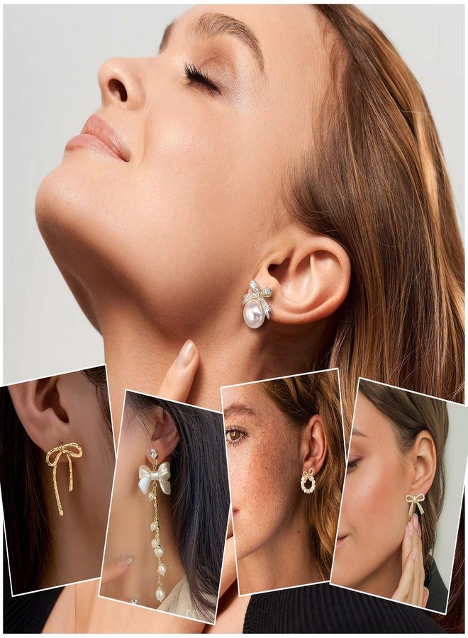 MEDOJO Bow Earrings for Women Crystal Rhinestone Pearl Stud Earrings for Women Bow Dangle Drop Tassel Earrings - Image 2