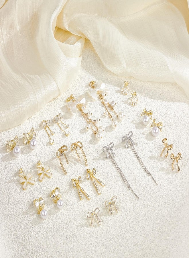 MEDOJO Bow Earrings for Women Crystal Rhinestone Pearl Stud Earrings for Women Bow Dangle Drop Tassel Earrings - Image 3