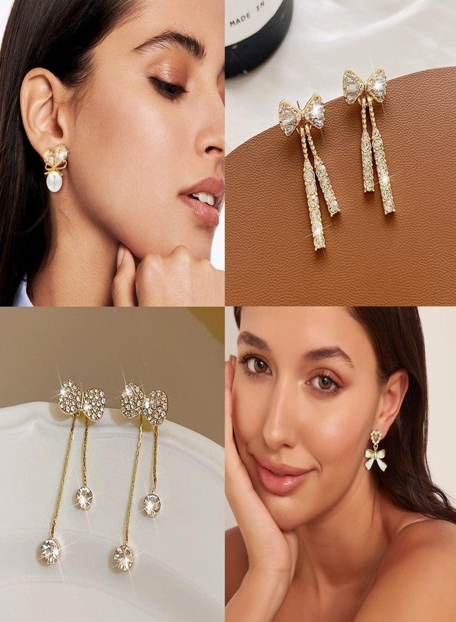MEDOJO Bow Earrings for Women Crystal Rhinestone Pearl Stud Earrings for Women Bow Dangle Drop Tassel Earrings - Image 5
