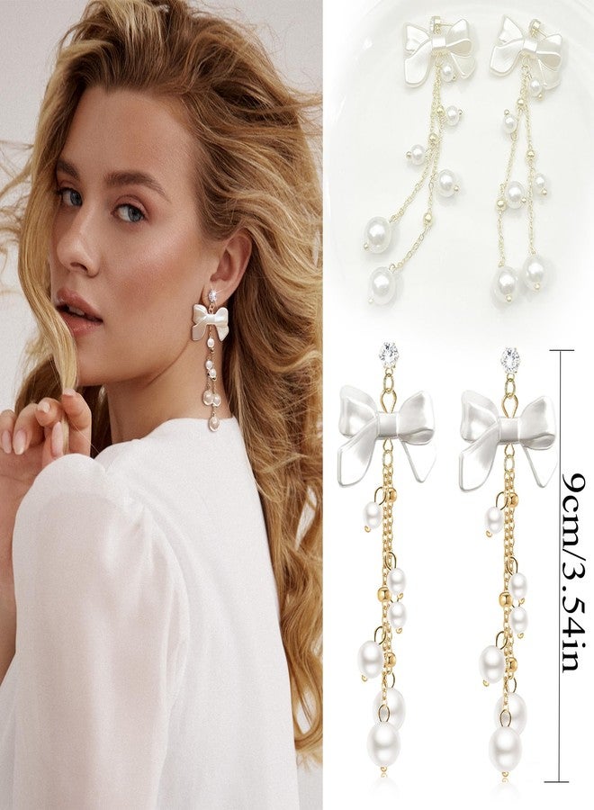 MEDOJO Bow Earrings for Women Crystal Rhinestone Pearl Stud Earrings for Women Bow Dangle Drop Tassel Earrings - Image 4