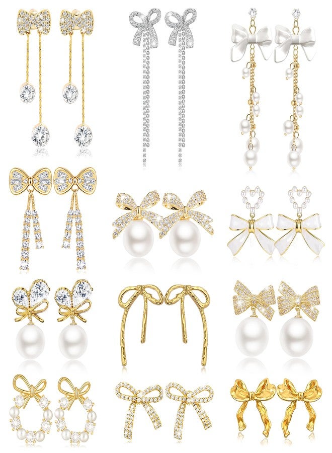MEDOJO Bow Earrings for Women Crystal Rhinestone Pearl Stud Earrings for Women Bow Dangle Drop Tassel Earrings - Image 1