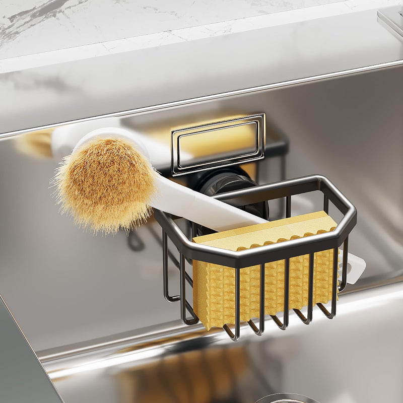TAILI Sponge Holder with Strong Suction Cup Dish Sponge Caddy Inside Sink Removable Rustproof Aluminum for Sponges Brushes Stoppers and Scrapers  Black