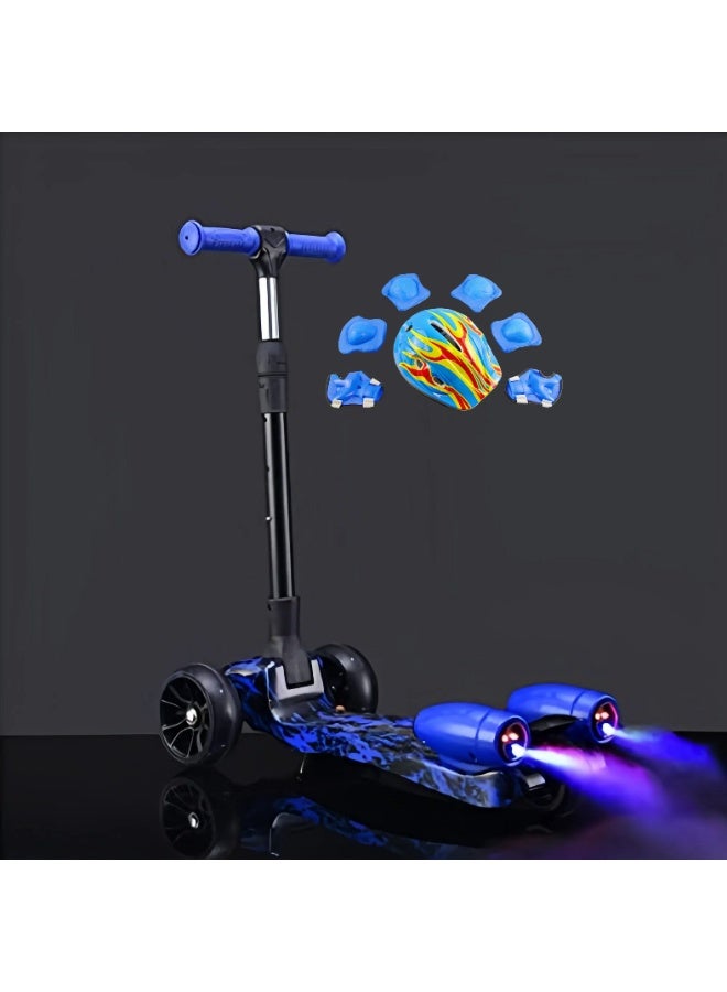 سكوتر ركل بثلاث عجلات قابل للطي للأولاد والبنات - عجلات LED مضيئة، موسيقى بلوتوث، رذاذ ماء وتأثير دخان - إمالة آمنة للتوجيه، للأعمار من 3 إلى 14 عامًا بما في ذلك مجموعة معدات الحماية الكاملة - Image 1