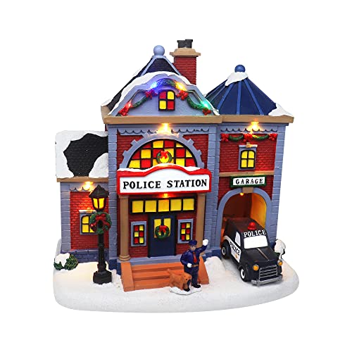 Top Treasures Christmas Village Animated Police Station  Prelit Musical Snow Village Collectible Building  Perfect Addition to Your Christmas Indoor Decorations  Holiday Displays  Made of Resin Moving Car 
