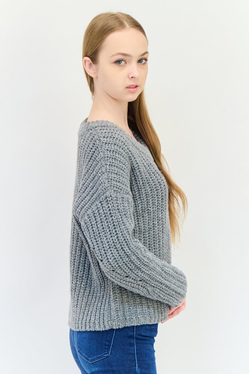 Aerie Women Round Neck Ribbed Crochet Sweater, Grey - Image 4