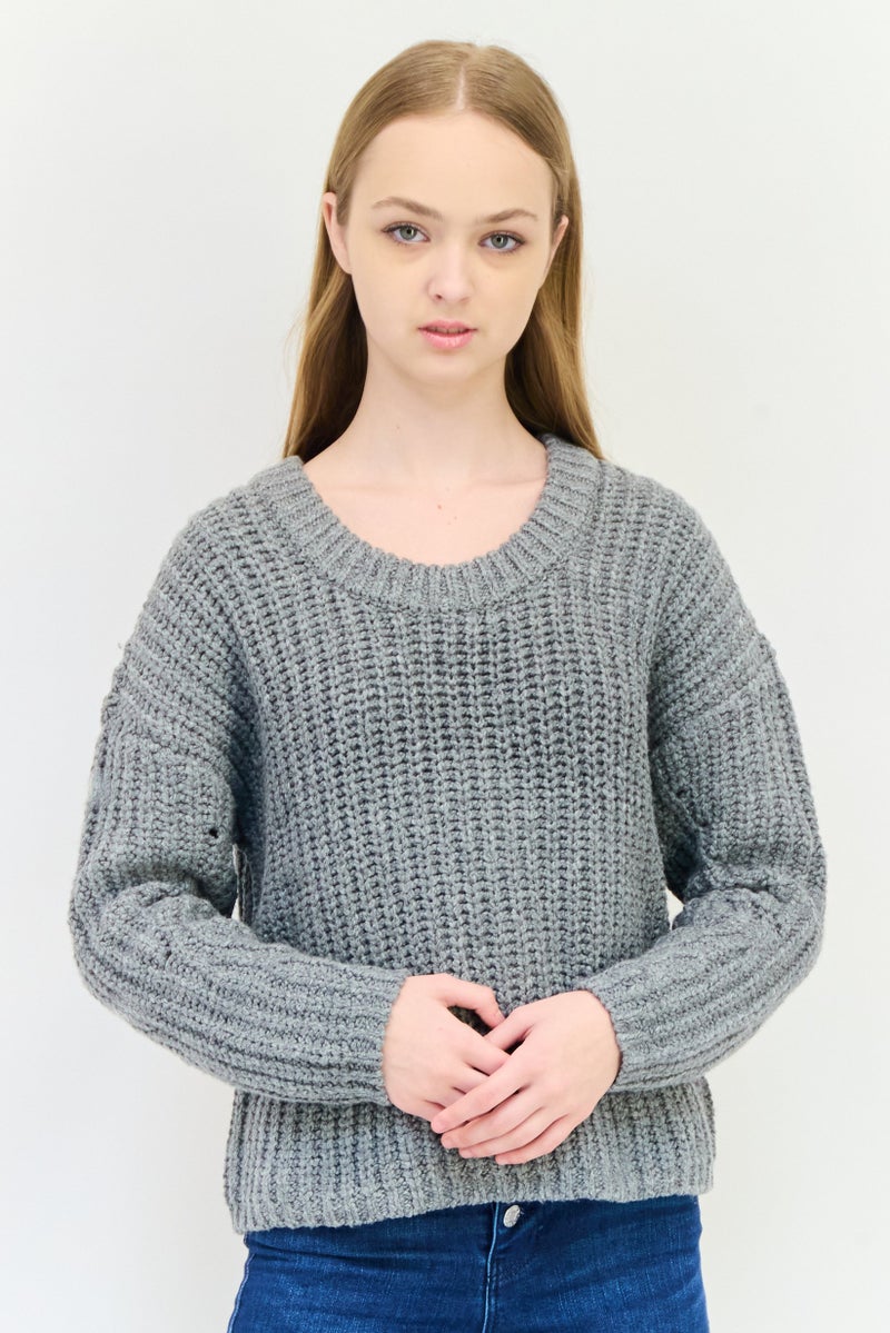 Aerie Women Round Neck Ribbed Crochet Sweater, Grey - Image 1