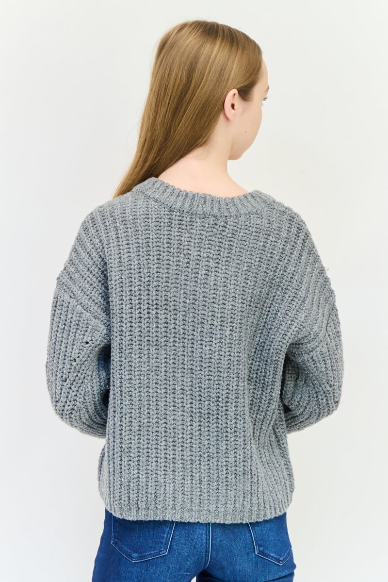 Aerie Women Round Neck Ribbed Crochet Sweater, Grey - Image 2