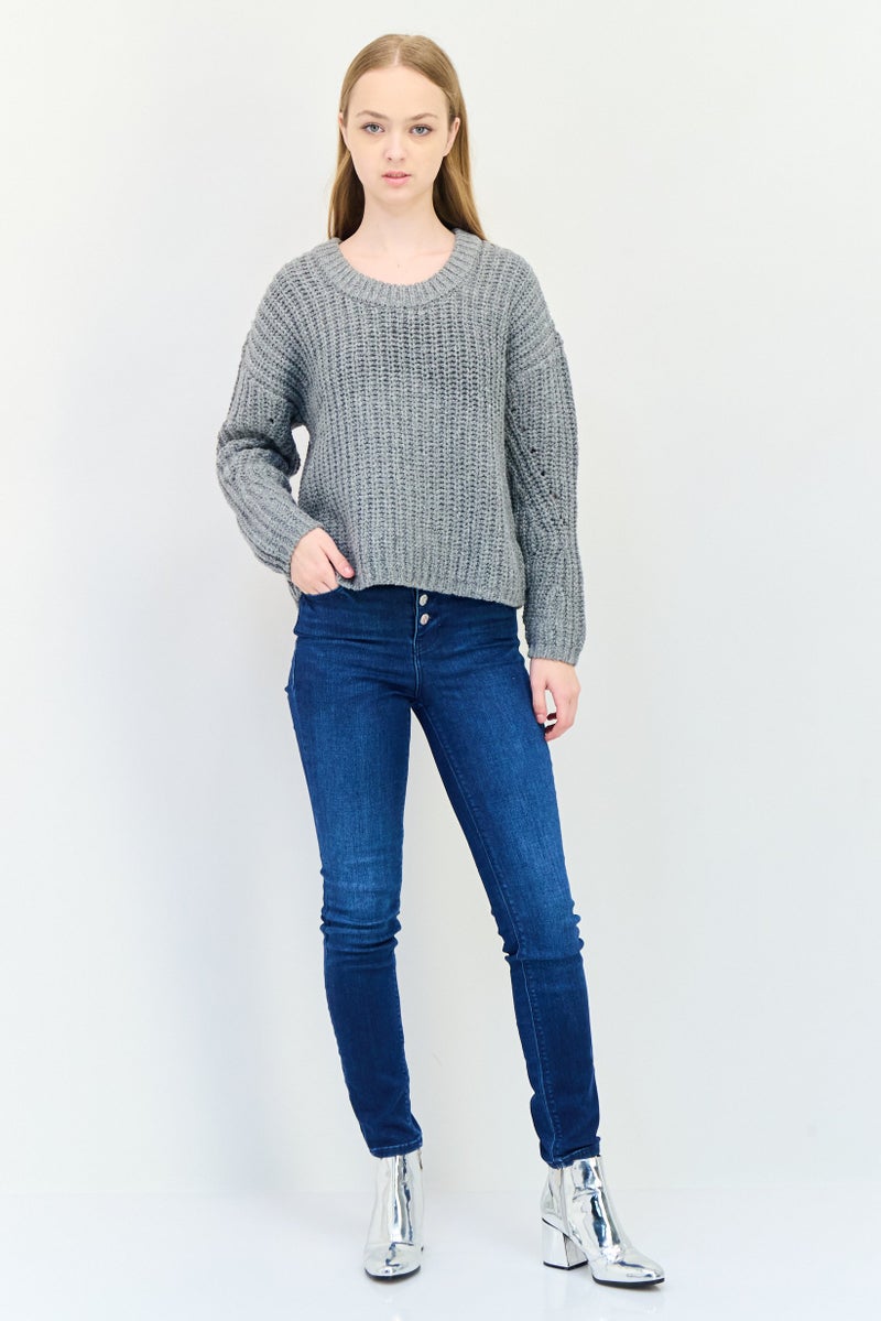 Aerie Women Round Neck Ribbed Crochet Sweater, Grey - Image 3