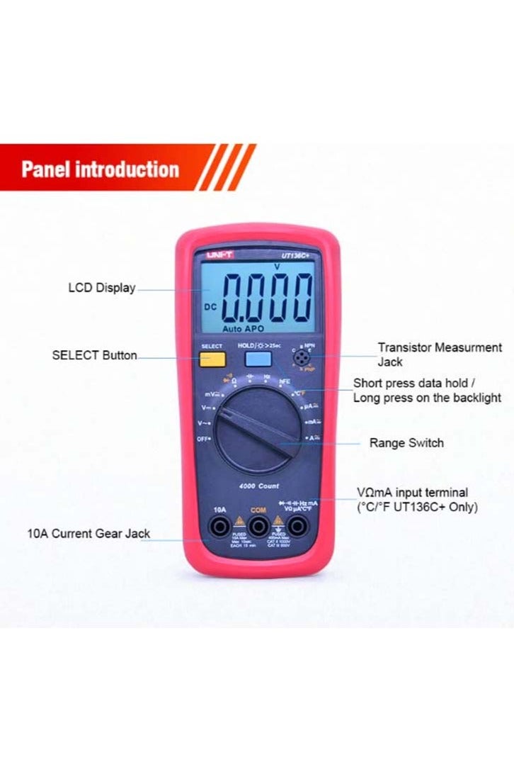 UniT UNI-T UT136B+ Multimeter Digital multimeter Tester AC DC Voltmeter Ammeter Ohm capacitance HFE Diode/Transistor Tester - Image 3