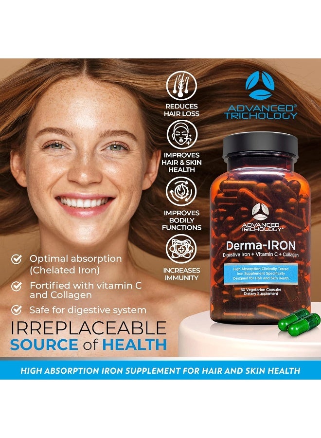 Advanced Trichology Derma-Iron Supplement for Women and Men - Iron blood builder pills for hair and skin with Collagen and natural Vitamin C, low iron and ferritin, thinning hair, hair loss support - Image 2