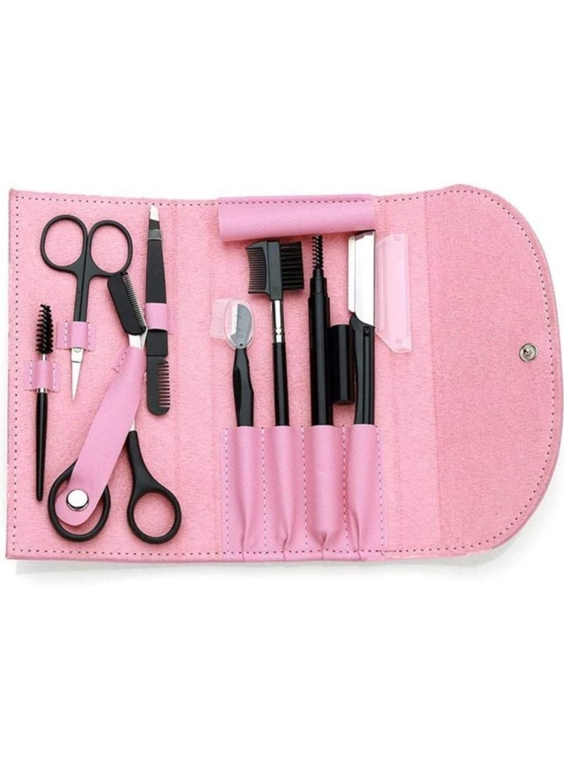 Y&D 8PCS/SET Eyebrow Shaping Grooming Kit, Scissors, Pencil, Brush Trimmer, Brush, Beauty Tools Set with Leather Bag (pink)  - Image 1