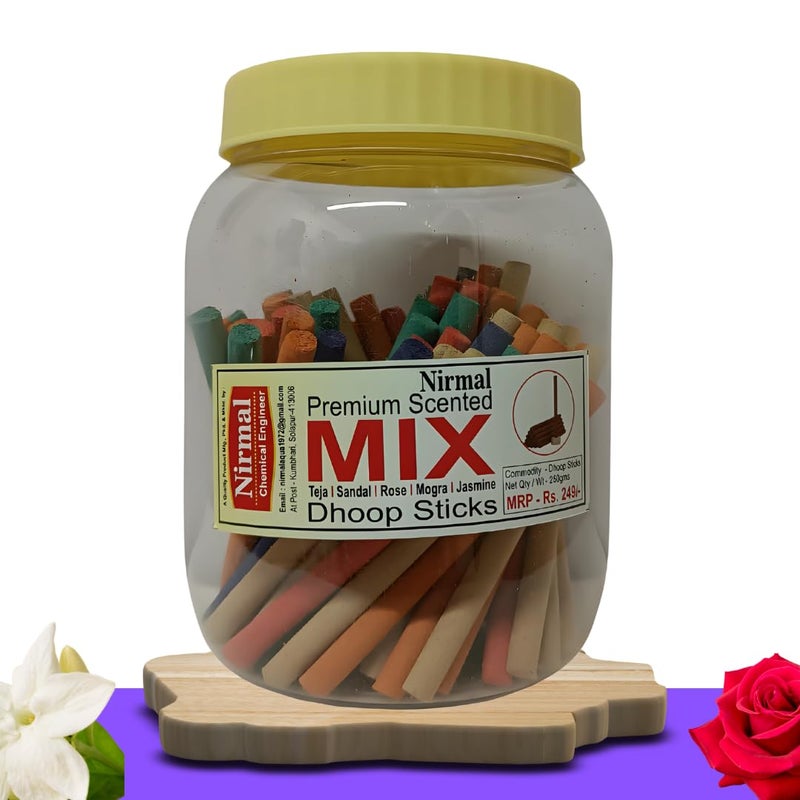 Nirmal Premium Scented Mix Dhoop Sticks for Pooja/Home/Office | 250 gm | Fragrance- Rose,Mogra,Jasmine,Sandal,Teja | Dhoop Sticks | Incense Sticks for Pooja |Charcoal Free Dhoop Sticks (Mix)  - Image 1