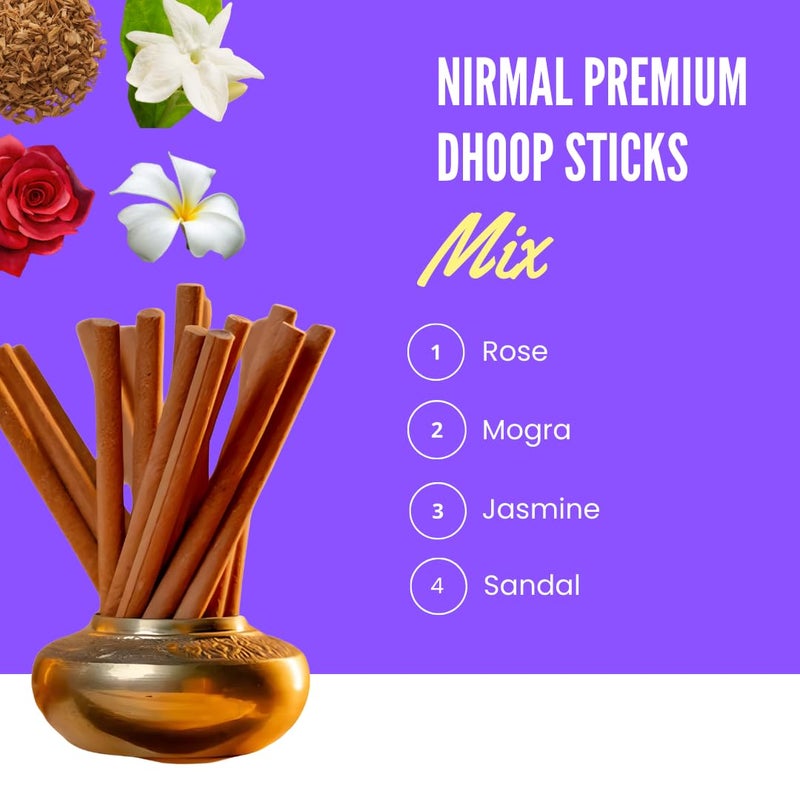 Nirmal Premium Scented Mix Dhoop Sticks for Pooja/Home/Office | 250 gm | Fragrance- Rose,Mogra,Jasmine,Sandal,Teja | Dhoop Sticks | Incense Sticks for Pooja |Charcoal Free Dhoop Sticks (Mix)  - Image 2