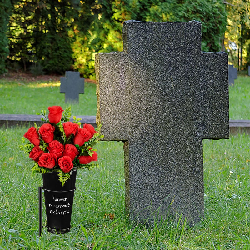 XONOR Metal Cemetery Vase Flower Holder with Spikes in Ground Grave Vases for Gravesite Gravestone Memorial Grave Markers Cemetery Decorations (2Pcs, Black) - Image 5