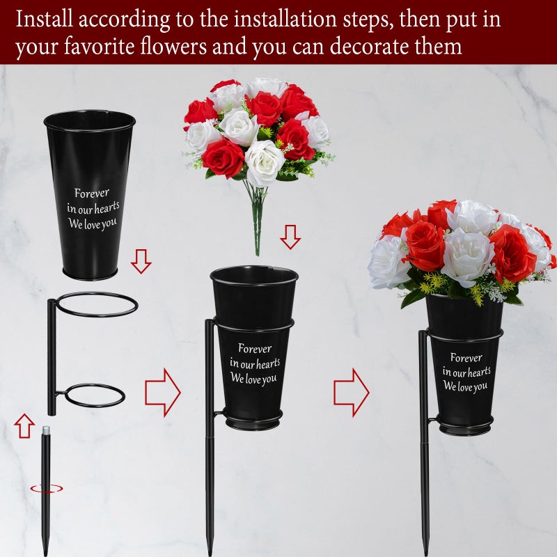 XONOR Metal Cemetery Vase Flower Holder with Spikes in Ground Grave Vases for Gravesite Gravestone Memorial Grave Markers Cemetery Decorations (2Pcs, Black) - Image 3