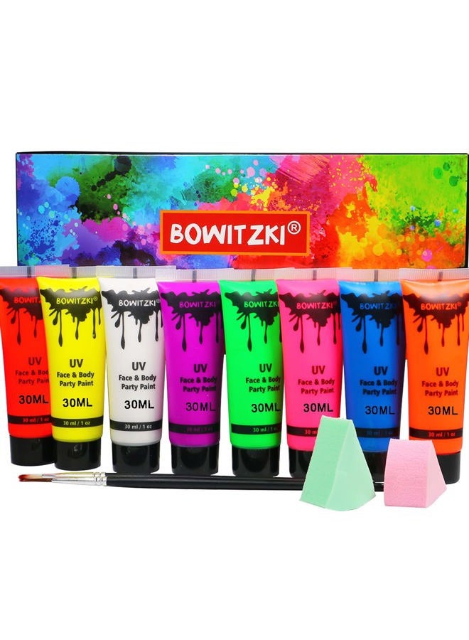 Bowitzki UV Neon Face and Body Paint 8 x 30ml /1 oz Liquid Large Kit Black Light Glow in the Dark Makeup Set Fluorescent Painting for Adults Music Festivals Party Halloween Christmas - Image 1