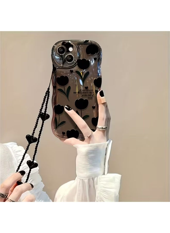 Temu A dark transparent phone case with a cute heart-shaped tulip design. Durable, stain-resistant, and fingerprint-resistant. Includes a black heart chain. A stylish phone case, compatible with iPhone 15 Plus. - Image 2