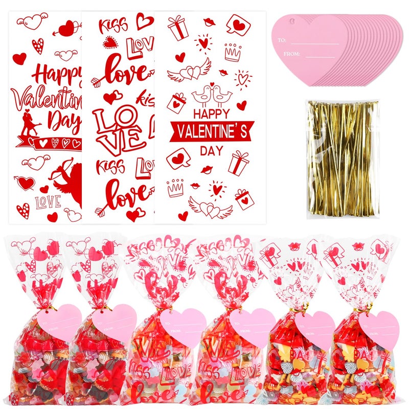 LOKIPA 150 PCS Valentines Cellophane Treat Bags with 50PCS Gift Tags Pink Heart Valentines Gift Goodie Candy Bags with 180 Pieces Twist Ties for Valentines Party Favor Supplies - Image 1